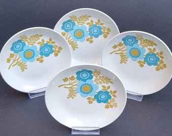 A Set of 4 Rare Vintage 1960s/70s White Blue & Mustard Floral Cartwright and Edwards Ltd Ironstone Side Plates.