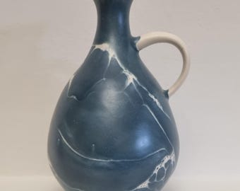 Vintage Aviemore Scotland Studio Pottery Blue and White Marble Glaze Handled Pitcher/Jug/Vase.