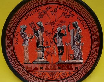 Vintage Greek Iris Pottery Hand Painted Terracotta Wall Plate of Figures from Greek Mythology.