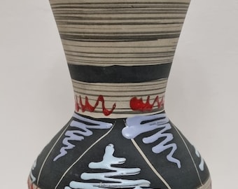 Vintage Carstens Tonnieshof West German Pottery Vase Grey Geometric Fat Lava Blue Red.