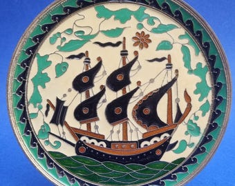 Vintage Greek Cloisonne Enamel & Brass Wall Plate of Sailing Ship - Wall Decor.