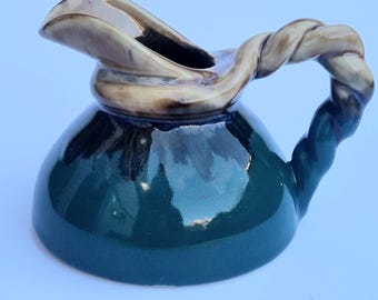 Exquisite Art Deco 1930s French ALPHO No. 89 ( Alphonse Mouton Saint-Uze) Flamed Green & Caramel Sandstone Jug/Pitcher with Platted Handled.