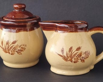 Vintage 1970s "Harvest Wheat" Pattern Glazed Stoneware/Ceramic Sugar Bowl and Creamer.
