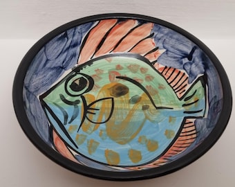 Vintage 1990s Aberdeen Scotland, Heather Lewis Ceramics Glazed Hand Painted Fish (John Dory) Bowl.