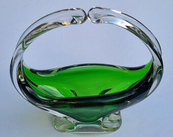 Mid-Century Murano Green & Clear Glass Basket Shaped Bowl.