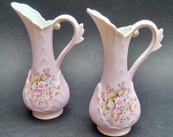 Mid Century Lefton Pink Porcelain Jugs: Hand Painted Floral Ewer - Set of 2.