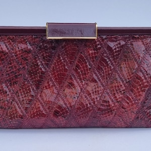 Vintage Jane Shilton Burgundy Quilted Snakeskin Shoulder Bag, Convertible Frame Clutch.