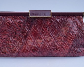Vintage Jane Shilton Burgundy Snakeskin Clutch Bag with Removable Shoulder Strap.
