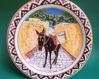 Mid Century 1950s, Greek Handmade Ceramic and 24K Gold Decorative Wall Plate depicting a Donkey.