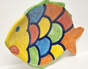Colourful Vintage Italian Hand Painted Fish Shaped Ceramic Serving Platter. Signed & Numbered 2053.