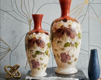 Victorian 1800s Delicate Hand Painted Floral Opaline Glass Vases - A Pair.
