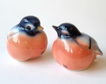 Vintage Porcelain Bullfinch Bird Figurines - Pink Blue Ceramic Songbirds. Pair.