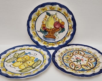 Vintage Spanish Colourful Hand Painted Decorative Ceramic Wall Plates - Set of 3.