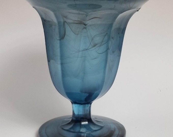 Featured listing image: George Davidson British Art Deco Blue Cloud Glass Vase with Smokey Swirl Patterns.