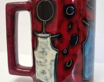 Mid Century Modern San Marino Pottery Italy Bold Red Abstract Figures Glazed Ceramic Mug.