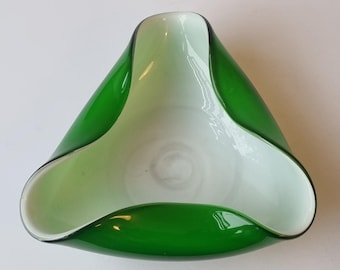 Vintage Japanese Kamei Green Cased Glass Tri Lobe Bowl Mid Century Modern.