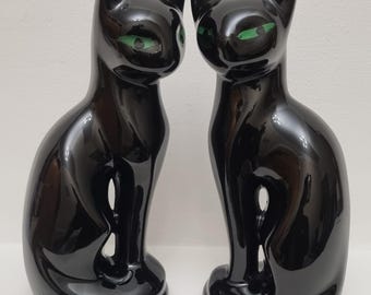 Vintage 1980s Sleek Black Ceramic Cat Figurines with Emerald Green Eyes - Pair.