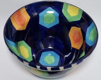 Large Colourful Vintage 90s IKEA Hand-Painted Geometric Design, Protest Bowl by Designer Asa Gray.