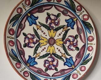 1970s Large Spanish Hand Painted Decorative Floral Pattern Wall Hanging Plate.