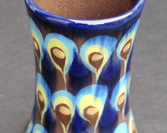 Vintage Handmade Studio Pottery Glazed "Peacock Feathers" Design Decorative Vase.
