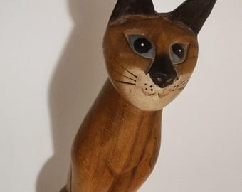Vintage 1970s Tall Hand Carved Wooden Siamese Cat Figurine/Wooden Statue.