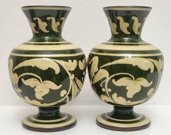English Art Nouveau Aller Vale Pottery Hand Painted/Slip Trail Green & Cream Vases - A Pair.