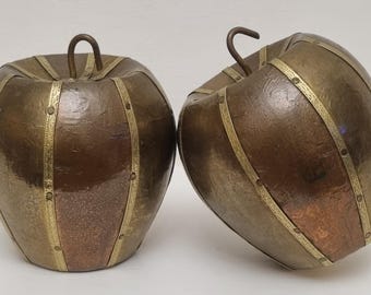 Vintage Handmade Brass & Copper Covered Treen Apple Decorative Ornaments - Set of 2.