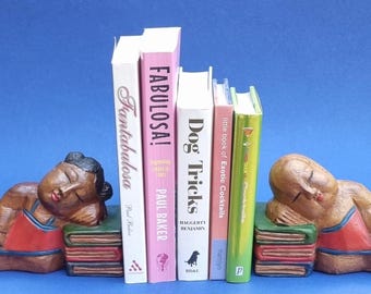 Vintage Hand Crafted Asian Wooden Bookends of Sleeping Boy & Girl.