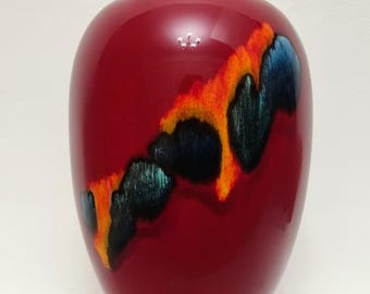 Poole Pottery Odyssey Vase in Flambe Red & Abstract Multicoloured Motifs of Orange/Blue/Black.