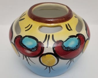 Vintage Italian Hand Painted Multi Hole Flower Frog Cluster Vase Mid Century Modern Design.