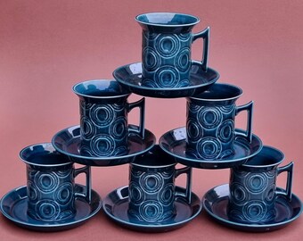 Rare 1960s Mid Century 14 Piece, Set of 6, Susan William-Ellis "Blue Jupiter" for Portmeirion Coffee Cups, Saucers, Creamer and Sugar Bowl.