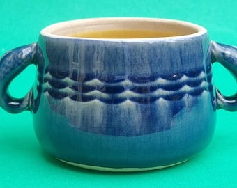 Vintage Borne Denby 2 Fish Handled Blue Glazed Ceramic Bowl.