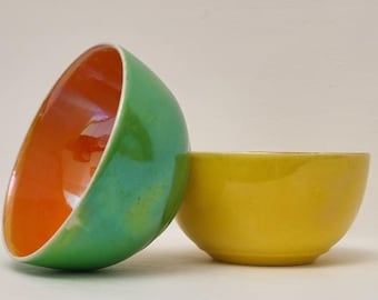 W&R Carlton Ware Art Deco Lustreware Bowls With Iridescent Green Yellow Orange Glaze - Pair.