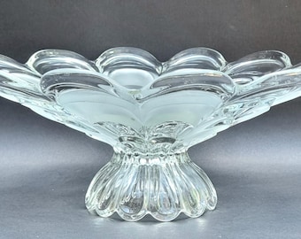 Czech Mid Century 1950s Scalloped Edge Clear & Frosted Pedestal Large Glass Bowl/Dish.
