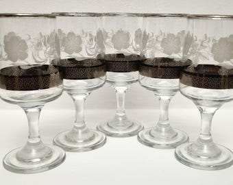 Vintage Dema Etched Floral Port Sherry Glasses – Platinum Greek Key Pattern - Set of 5.