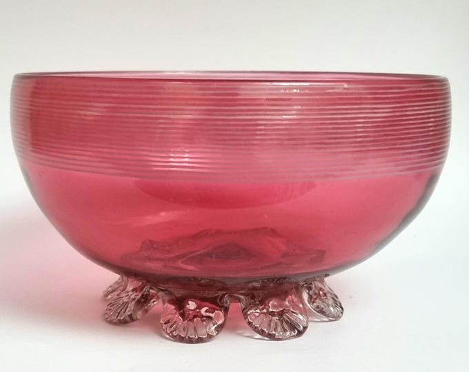 Featured listing image: 19th Century Stevens & Williams Antique Hand Blown Cranberry Scalloped Footed Bowl with Threaded Rims.