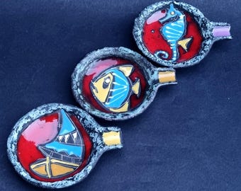 Vintage 1960s Rovit Fat Lava Ceramic Ashtrays with Fish, Sail Boat & Sea Horse Motifs.