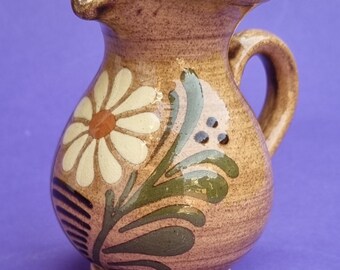 Mid Century Vintage 1970s Small Glazed Ceramic Pottery 200ml Pitcher/Jug Decorated with Flower and Green Leaves.