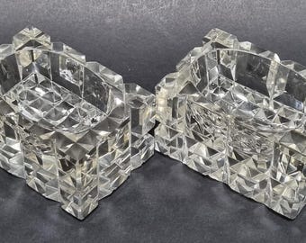 A Beautiful Pair of Chunky Vintage Rectangular Cut Glass with an Oval Shaped Centre, Salt Cellars.