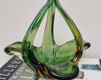 Mid Century 1950s/60s Cristallo Venezia CCC Murano Green & Amber Sommerso Sculpture Basket Bowl.