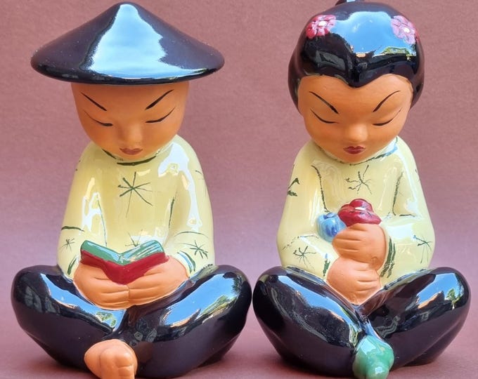 Featured listing image: A Pair of Mid Century 1950s Carli Bauer for Gmundner Keramik Austria, Porcelain Figurines of Chinese Boy & Girl, Reading and with Flowers.