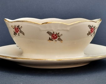1940s Belgian Boch Ceramic Gravy Boat, Gilded Floral Design.
