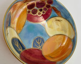 Art Deco Crown Ducal Lustreware Small Bowl Hand Painted Fruit Pattern & Gold Gilt Rim.