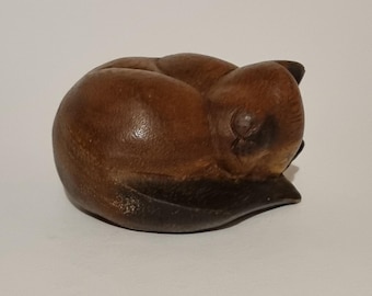 Vintage Hand Carved Wooden Sleeping Cat Figurine/Curled Sleeping Feline Statue.
