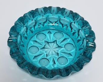 Vintage Retro 1970s Teal Blue 13cm Glass Trinket Dish/Ashtray. Decorative & Collectible.