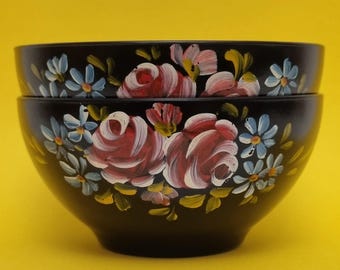 1940s Vintage Hand Painted Floral Decor-Art Co (Kensington) Bakelite Melamine Bowls - Pair.