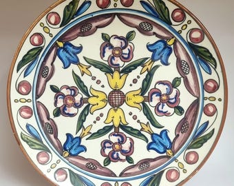 1970s Large Spanish Hand Painted Decorative Floral Pattern Wall Hanging Plate.