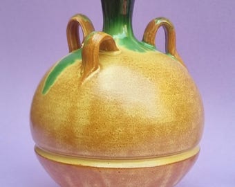 Vintage Spanish Bulbous Shaped 3 Handled Ceramic Drip Glaze Vase.