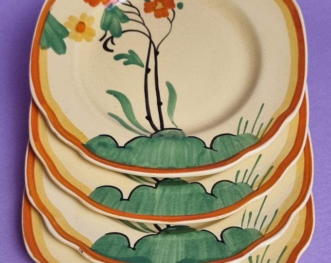 Featured listing image: Art Deco Hand-Painted Tea Plates – Barker Brothers Primrosa, by John Guildford - Set of 4.