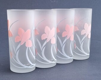 Cerve Italy Retro, Vintage 1980s Set of 4 Pink Lilies/Irises Adorned Frosted Highball Tumblers - 300ml.